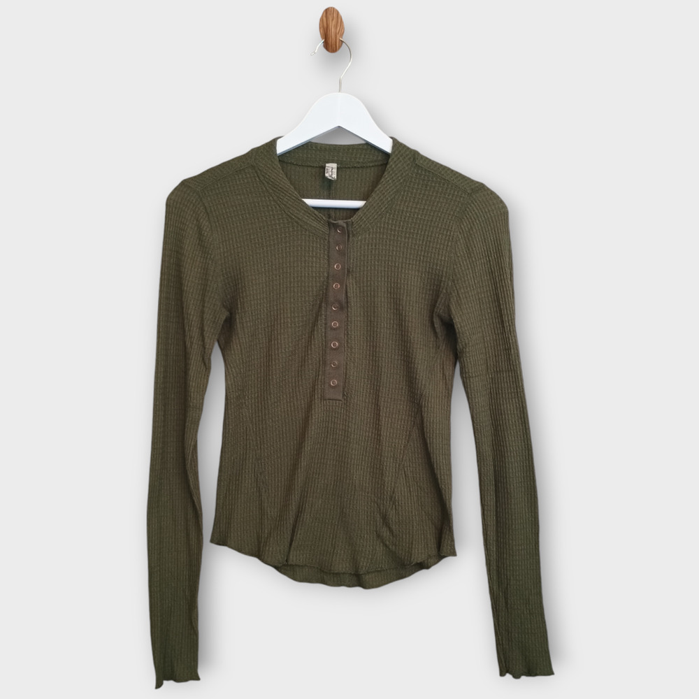 Free People Henley Women Small Green Snap Button Minimalist Lounge Thermal